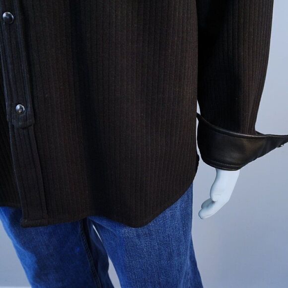 Karl Lagerfeld Men Sz L Shirt Jacket Black Ribbed Knit Snap Buttons Leather Trim - Picture 7 of 12